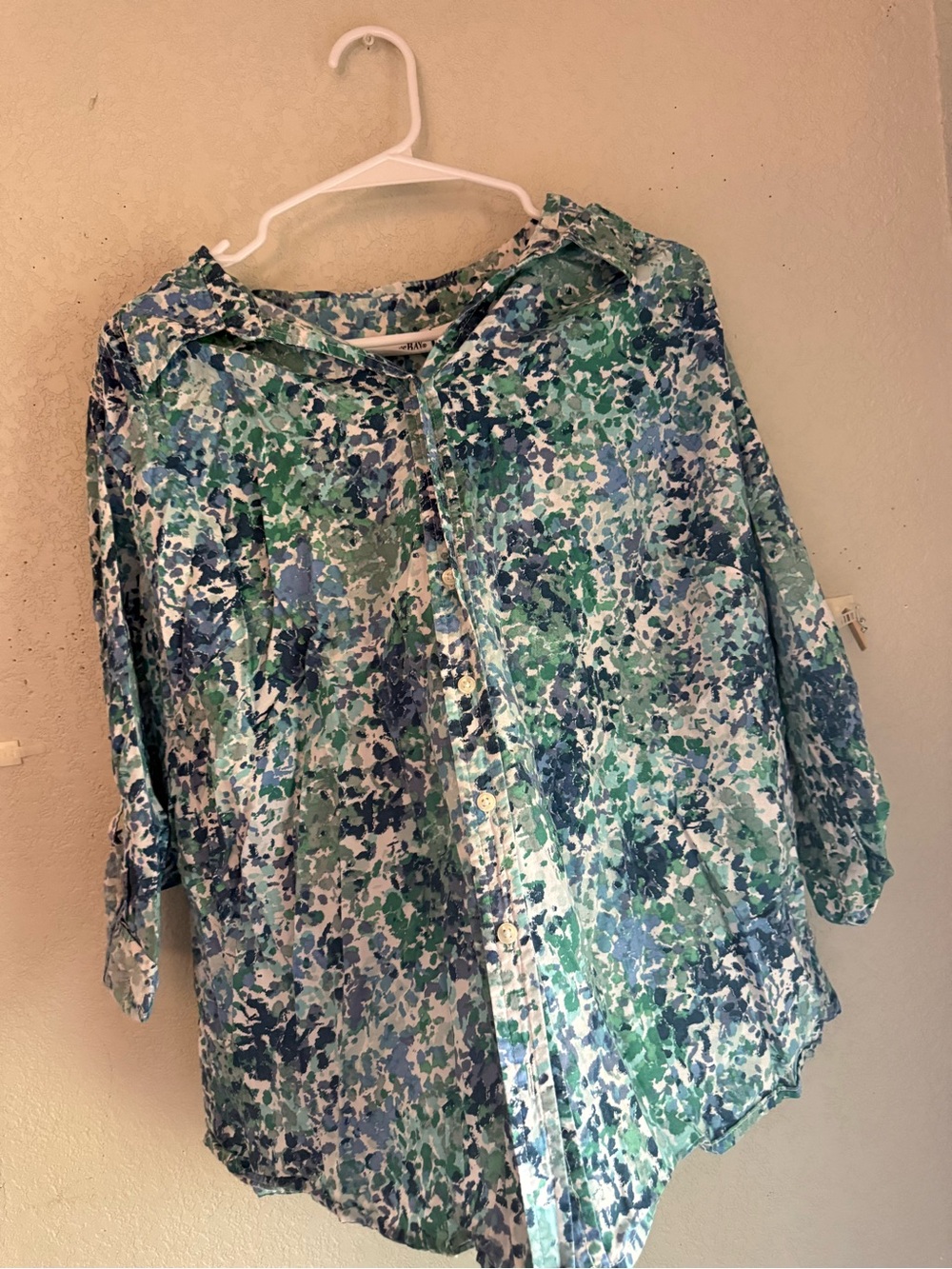St. John's Bay Plus Size 1X Blue Green Abstract Floral Button Down Shirt Top